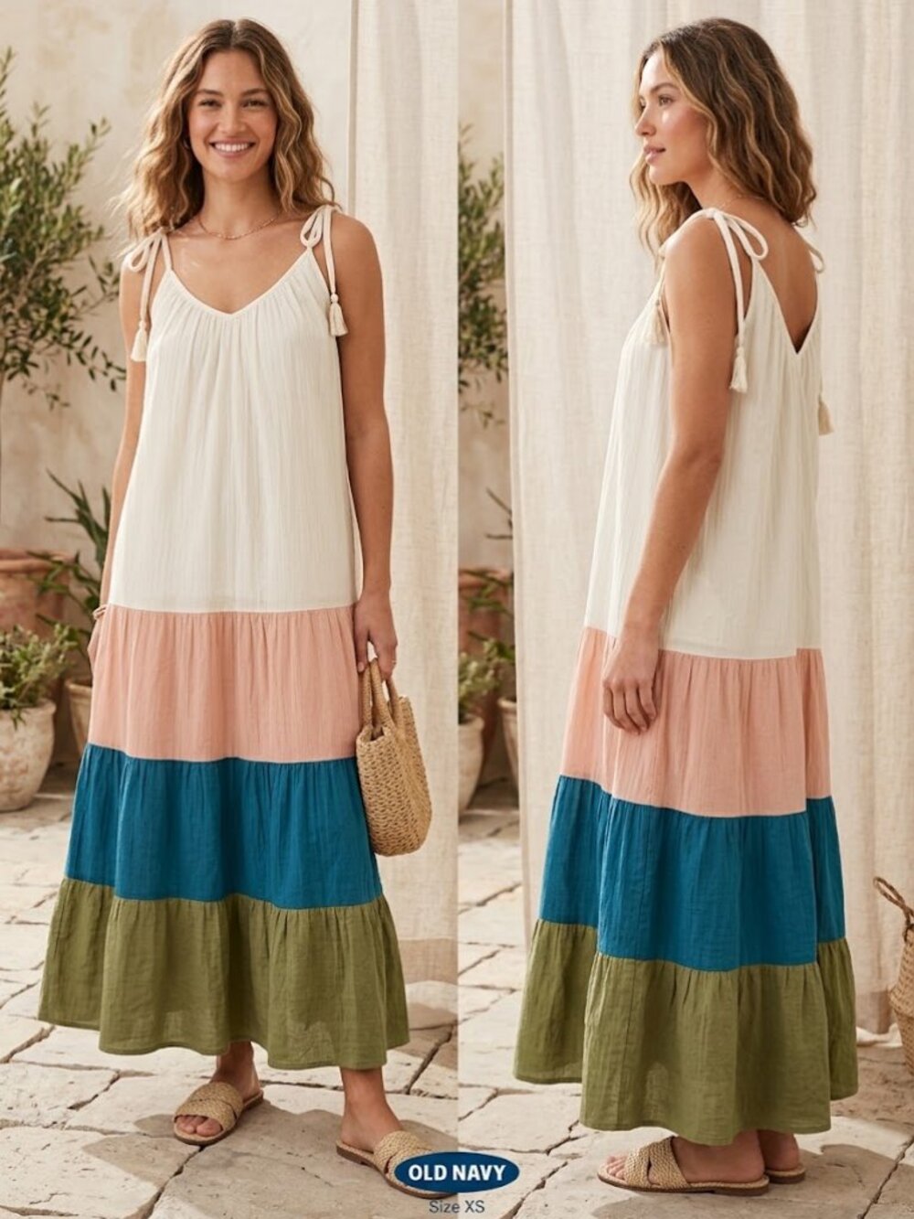 Old Navy Boho Shoulder Strap White Peach Blue Green Midi Dress Sz XS / Small NEW
